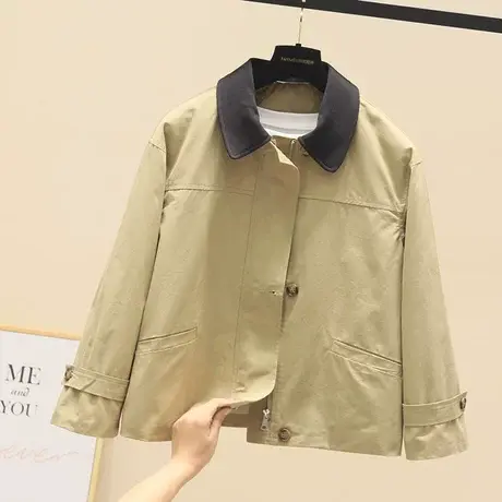 复古翻领撞色工装风衣外套女韩版宽松百搭小个子短款休闲夹克上衣商品大图