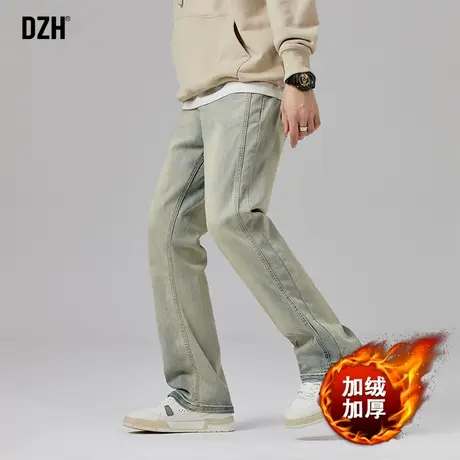 男士黄泥色牛仔裤男加绒加厚2023新款秋冬高街裤子男款美式直筒裤图片