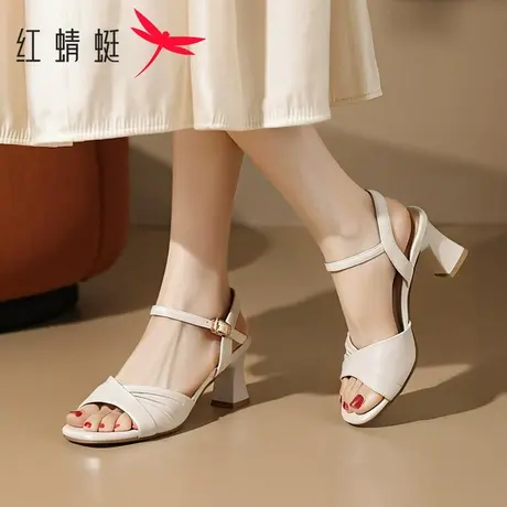 红蜻蜓女鞋2025夏季新款真皮粗跟一字带百搭配裙子法式高跟凉鞋女商品大图