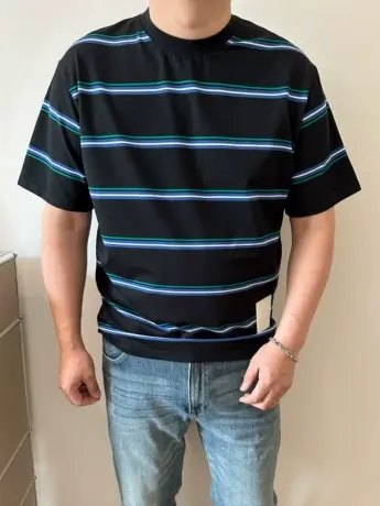 DAEVU夏新款大码男装条纹宽松潮胖子加肥加大男士圆领短袖T恤半袖商品大图