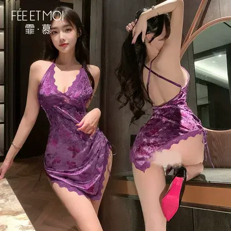霏慕丝绒睡裙蝴蝶印花睡衣女款性感床上纯欲诱惑肚兜成人情侣qqny商品大图