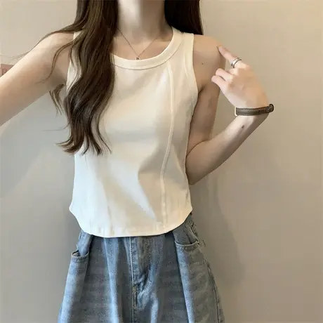 纯色简约U领工字型背心女夏季韩版设计感小众修身短款无袖T恤潮图片