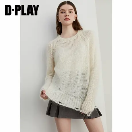 DPLAY秋季新款白色慵懒风马海毛针织衫气质羊毛混纺毛衣女商品大图