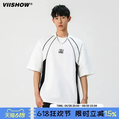 VIISHOW撞色拼接短袖t恤男生夏季潮牌刺绣宽松半袖美式圆领上衣商品大图