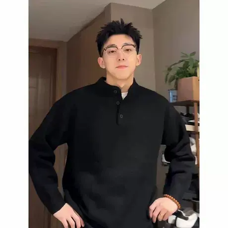 黑色痞帅毛衣男款秋冬季亨利领针织上衣内搭美式复古潮牌线衣外套商品大图