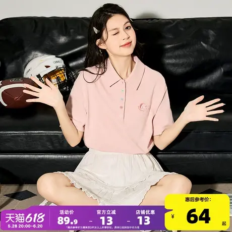 唐狮新款polo衫t恤女2024夏季宽松百搭粉色纯棉短袖流行打底上衣商品大图