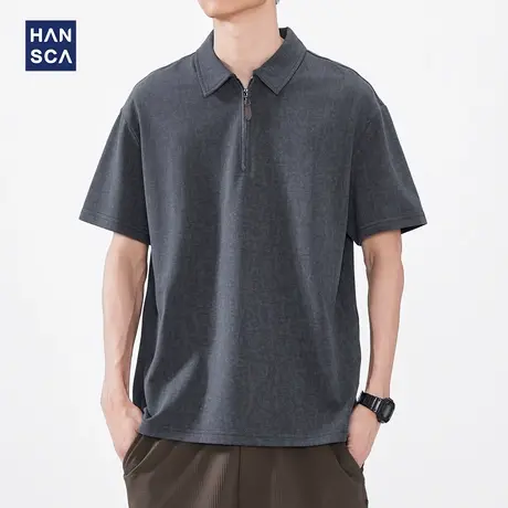 hansca复古半拉链翻领短袖polo衫男2025夏季薄款宽松休闲T恤上衣商品大图