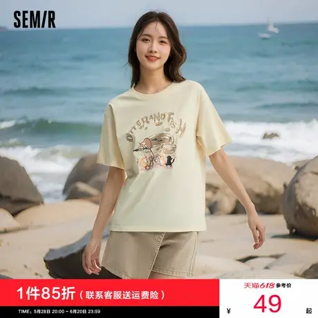 森马短袖T恤女宽松卡通印花俏皮小众2024新款夏季落肩可爱上衣潮图片
