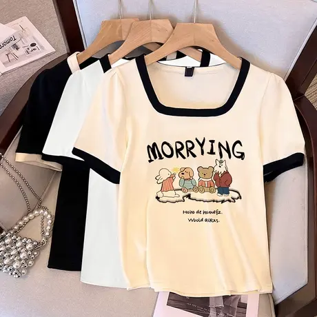 夏季辣妹风短款上衣微胖mm显瘦方领口T恤女ins潮纯棉大码修身短袖图片