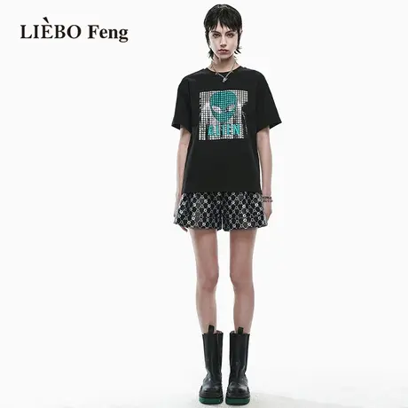 裂帛LIEBOFeng商场同款2023年夏季新款国潮立体亮片甜酷黑色T恤女商品大图