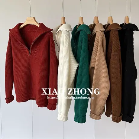 半开拉链可翻可立领，530克美丽奴羊毛宽松长袖针织衫毛衣女秋冬图片