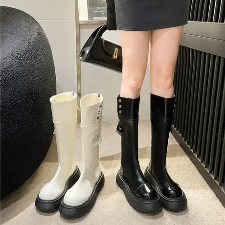 长筒靴女2023春秋季新款高级洋气设计感小众高筒靴松糕厚底骑士靴商品大图