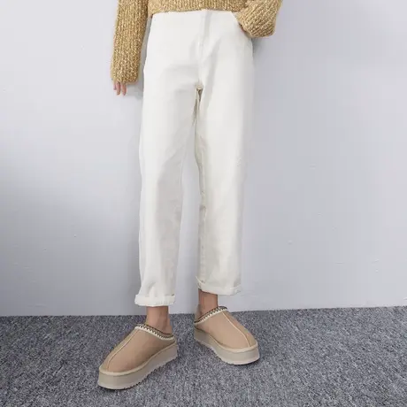 妖精的口袋高腰直筒铅笔裤女2023冬季新款白色宽松显瘦加绒休闲裤商品大图