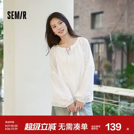森马长袖衬衫女流苏刺绣波西米亚风2025秋新款白色宽松灯笼袖衬衣商品大图