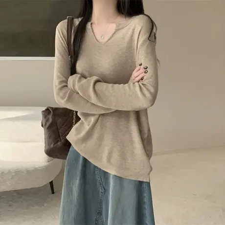 简约纯色V领长袖T恤女2025春秋季新款韩版宽松打底衫内搭外穿上衣商品大图