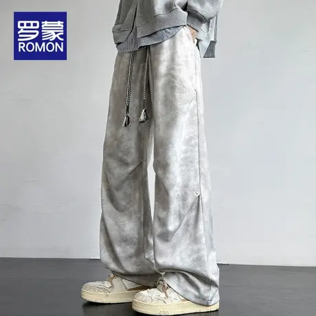 罗蒙裤子男士春秋季新款直筒宽松美式复古潮流时尚脏脏休闲裤男裤图片