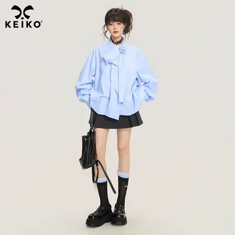 KEIKO 法式小资蓝色条纹飘带衬衫女25秋季立体扎花宽松休闲上衣图片