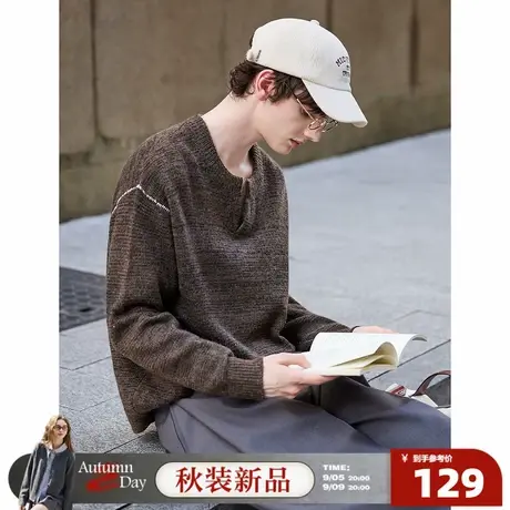 唐狮2025秋冬季毛衣男圆领套头小V撞色明线德美拉肌理感毛线衫图片