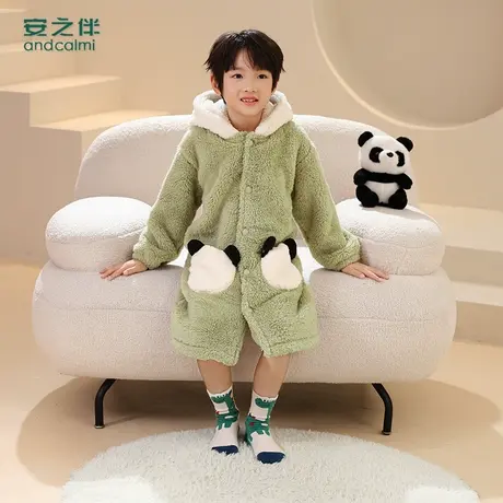 安之伴童装7A抗菌长袖连体睡裙100%纯棉无骨睡衣春秋男女童家居服商品大图