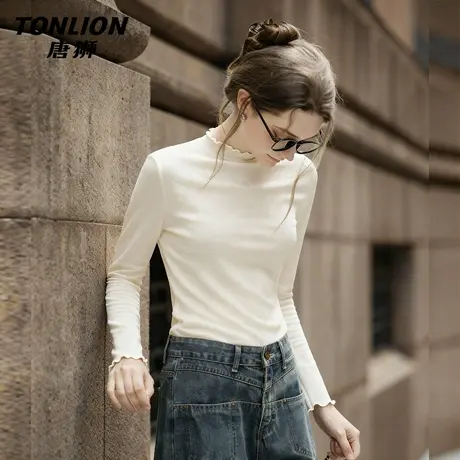 唐狮内搭打底衫女2026新款冬季小个子修身木耳边半高领长袖上衣VB图片