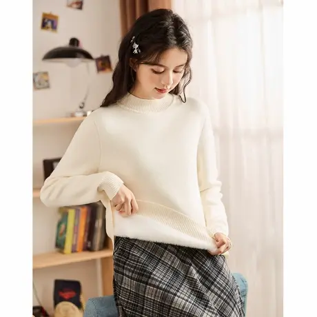 唐狮秋冬新款半高领净色内搭加绒打底衫女宽松圆领短款上衣TE商品大图