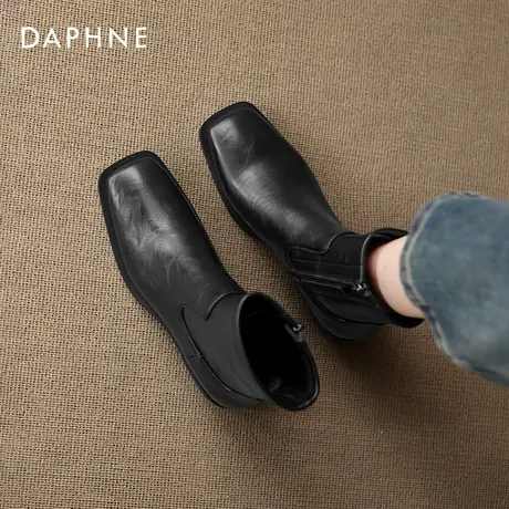 达芙妮黑色方头短靴女2025新款百搭通勤切尔西短靴弹力粗跟瘦瘦靴商品大图