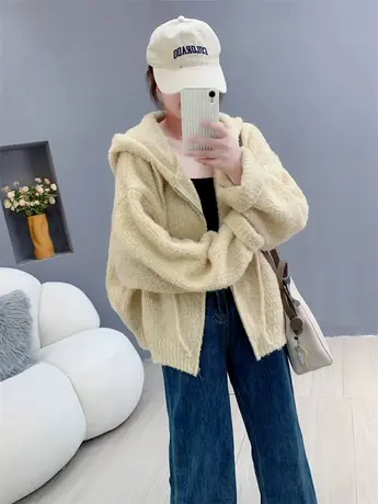 短款加厚连帽毛衣外套女秋冬2023年新款韩版宽松休闲百搭针织开衫图片