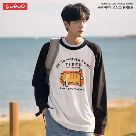悦游 tired猫 橘猫暹罗疲惫重磅纯棉300g日系拼色长袖插肩T恤男商品大图