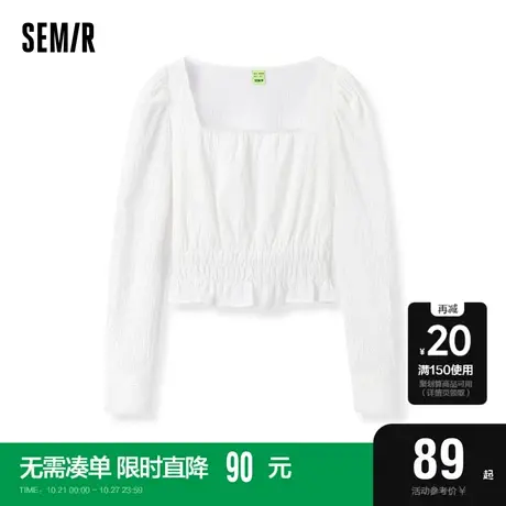 [商场同款]森马长袖衬衫女短款泡泡袖方领2023新款春肌理衬衣法式图片