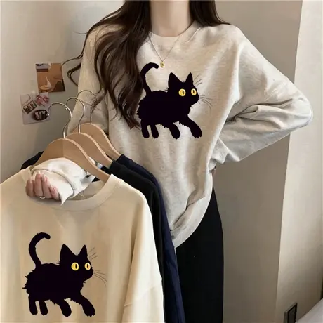 网红ins潮圆领无帽卫衣女春秋冬加绒加厚宽松显瘦长袖上衣服外套商品大图