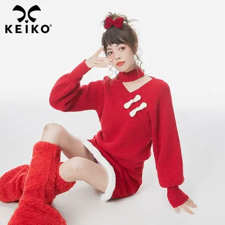 中式盘扣饰红色毛衣女秋冬新年红装氛围感软糯镂空针织衫本命年商品大图