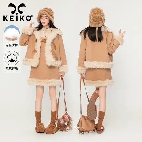 美式复古套装裙子秋冬美德拉穿搭仿狐狸毛皮草外套+背带连衣裙图片