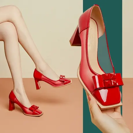 方头网纱透气红色单鞋夏新款漆皮粗跟鞋清凉镂空真皮高跟鞋女图片