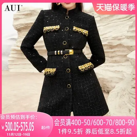 AUI黑色名媛气质设计感毛呢外套女2023冬新款中长款修身呢子大衣图片