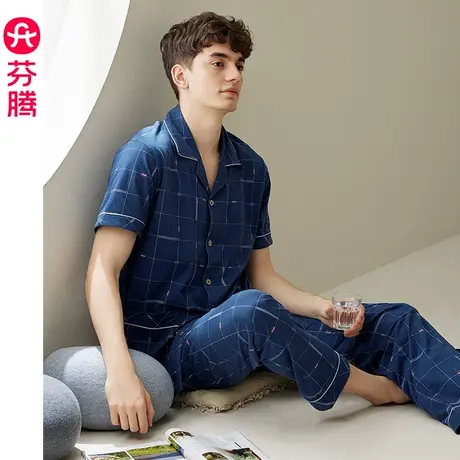 芬腾睡衣男纯棉开衫短袖套装夏季薄款青年宽松休闲大码全棉家居服商品大图