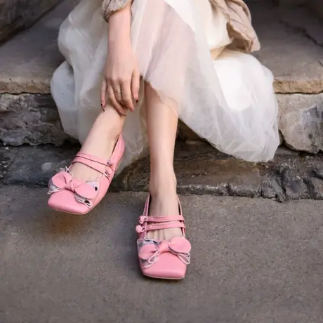 Artmu阿木原创森系蝴蝶结单鞋女平底洛丽塔羊皮浅口方头玛丽珍鞋商品大图