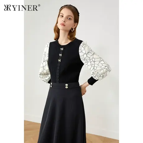 *YINER音儿奥莱女装秋季圆领拼接毛针织衫商品大图