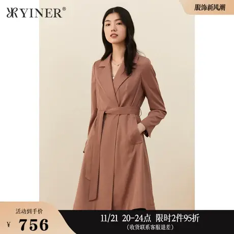 YINER音儿女装秋季含羊毛西装领收腰中长款风衣外套图片