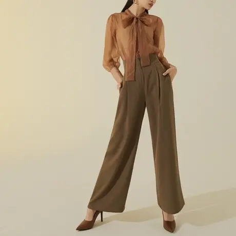 桔熊春秋季通勤长裤子女高腰拉链宽松直筒西装裤胖妹妹大码BA7294图片