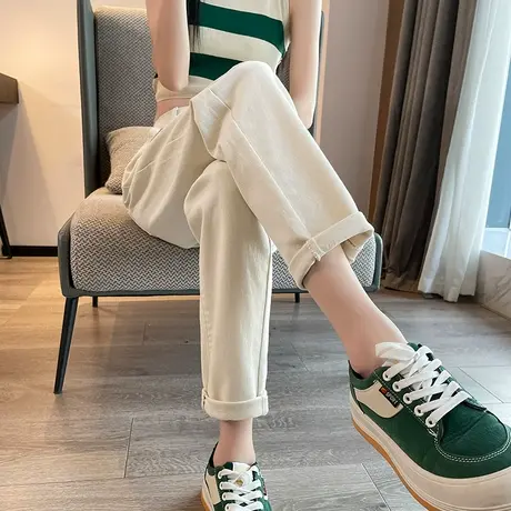 米白色哈伦休闲裤女春秋2024年新款高腰宽松显瘦直筒萝卜老爹裤子图片