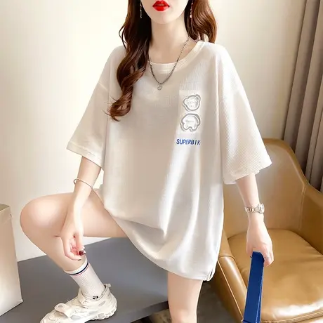 华夫格短袖t恤女夏季韩版宽松大码女装中长款ins下衣失踪上衣服潮商品大图