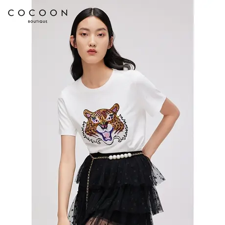 COCOON商场同款时尚上衣2023春装新款女装圆领通勤动物印花T恤女商品大图