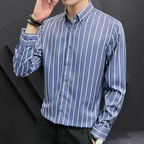高品质条纹男士衬衫长袖韩版潮流帅气衬衣男士秋季上衣休闲外套男商品大图