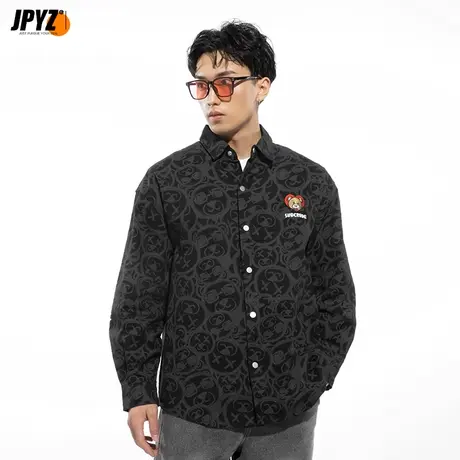 刺绣小熊日系重磅纯棉衬衫男长袖秋季宽松休闲翻领寸衣高级感衬衣图片