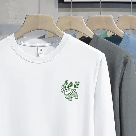 240G重磅纯棉t恤男长袖潮牌印花内搭打底衫白色秋季宽松全棉体恤商品大图