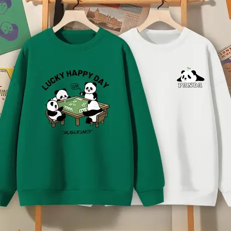 国潮熊猫卫衣女秋季2023年春秋新款薄款宽松百搭学生早秋圆领上衣商品大图