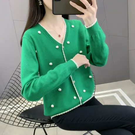 针织衫上衣女2024年新款春秋外搭开衫毛衣V领拼色花边领长袖外套商品大图