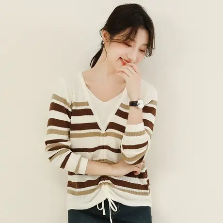 韩潮袭人假两件条纹毛衣女2023秋季新款薄款长袖打底针织衫上衣商品大图