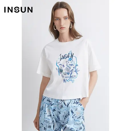 INSUN恩裳夏季丝光棉印花百搭T恤商品大图