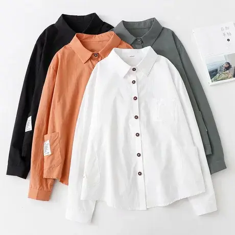 春秋季新款韩范学院风纯色翻领长袖白色衬衫女学生纯棉叠穿上衣商品大图